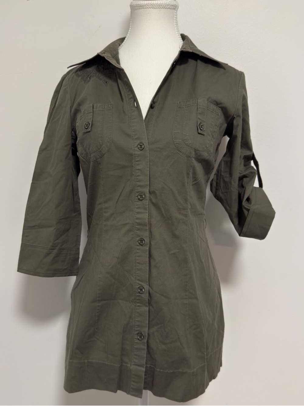 Olive Green Button-Front Utility Shirt